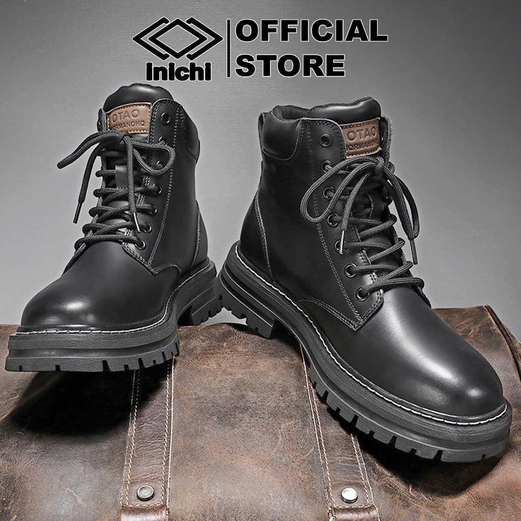  Giày boots da INICHI G1109 da lộn cổ cao màu đen