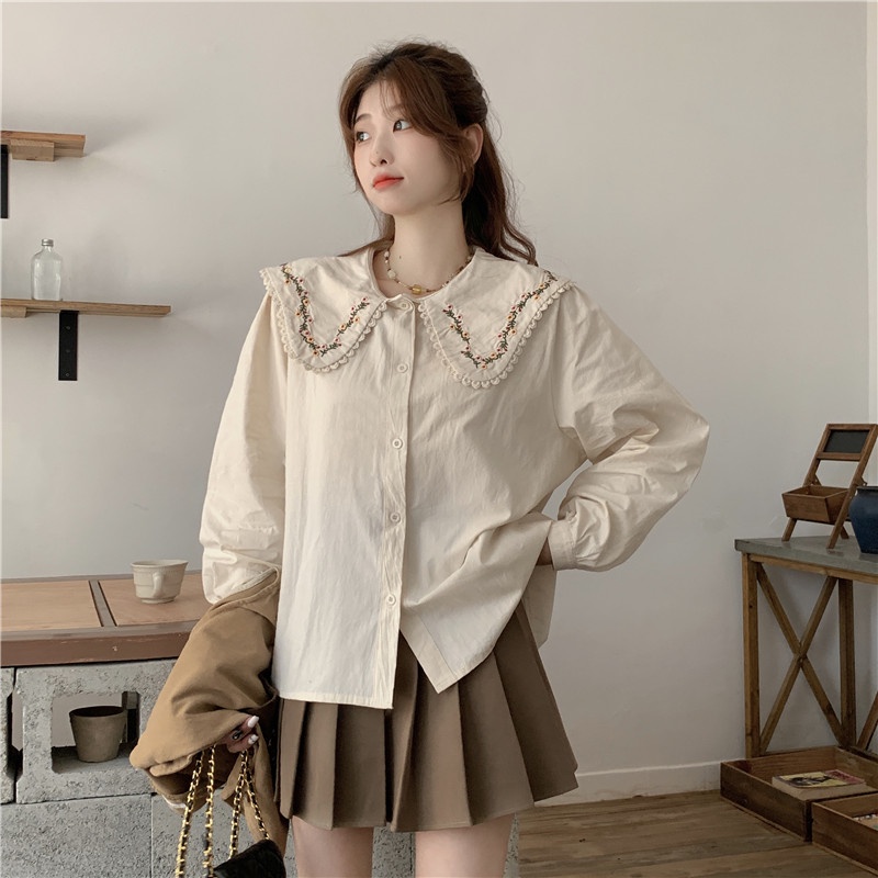 Áo khoác gile nữ kiểu trơn màu túi thêu hoa vintage, gile nữ phối sơ mi form rộng cổ thêu viền hoa 3277