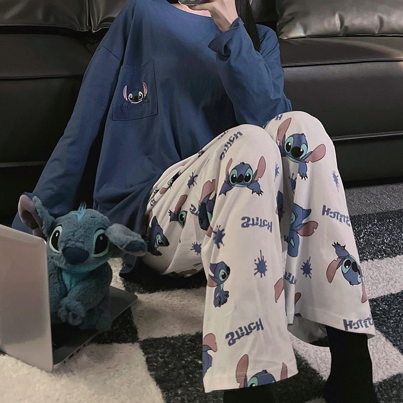 Bộ Đồ Ngủ In Hoạt Hình Stitch Phong Cách Nhật Bản Dễ Thương Thời Trang Xuân Thu Cho Nữ