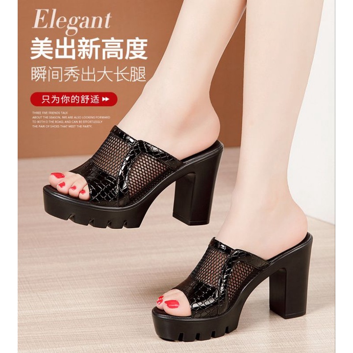 Dép cao gót đế thô da sần phối lưới 9f