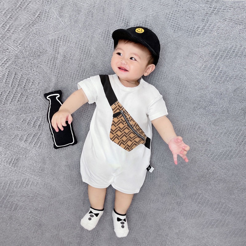 Áo liền quần vải cotton in hình hoạt hình thiết kế ngắn tay dành cho bé