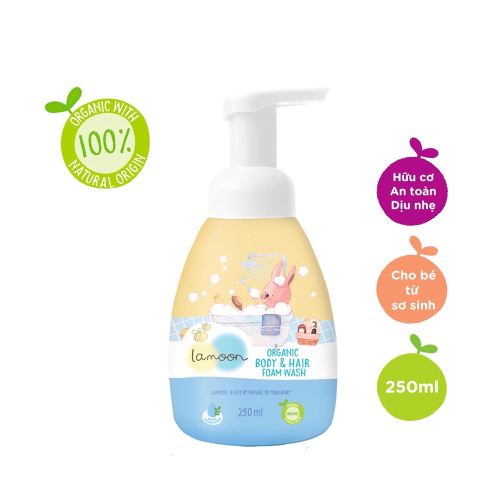 COMBO Sữa tắm gội Organic cho bé từ sơ sinh dạng bọt Lamoon dạng Bình 250ml + Túi refll 220ml