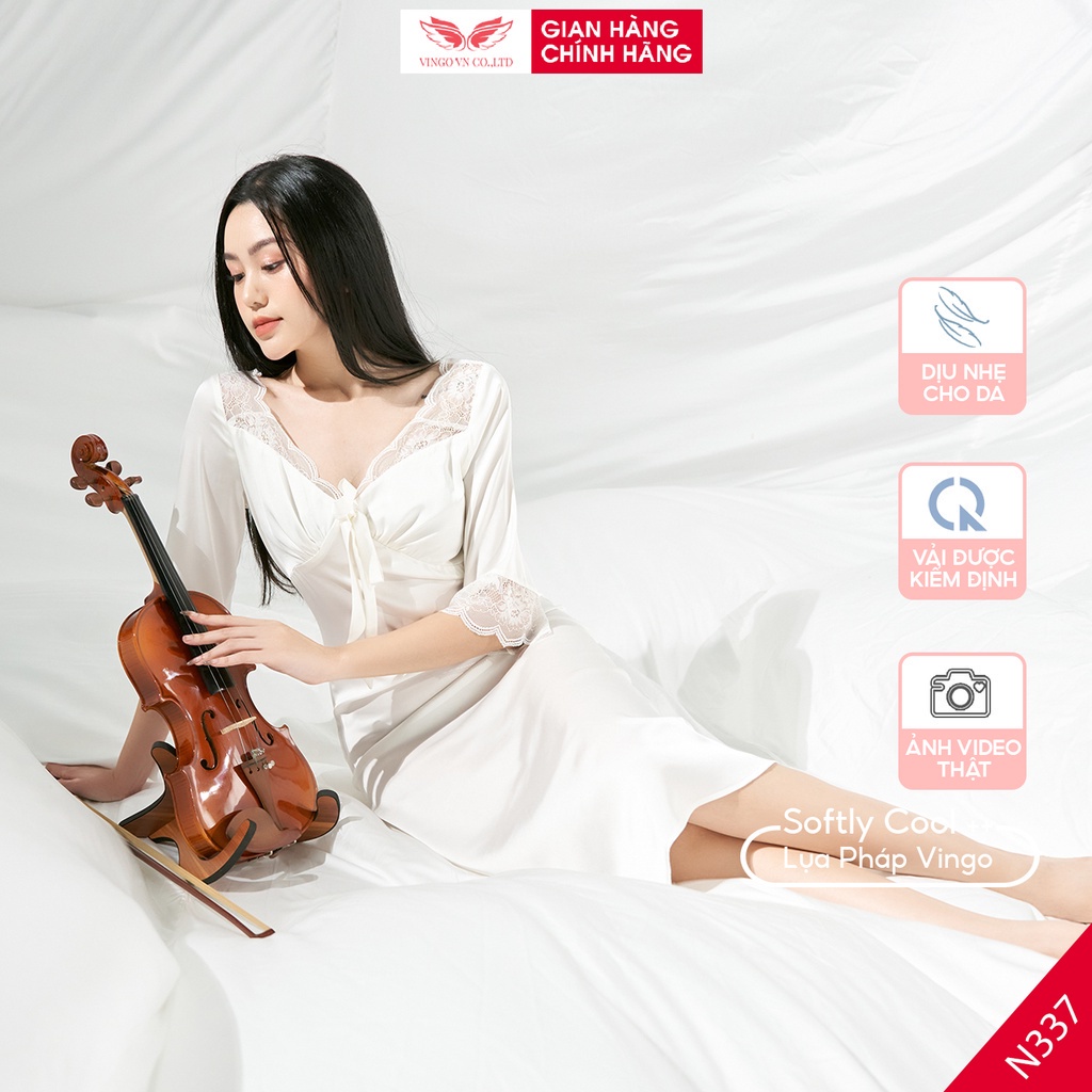 Đầm ngủ nữ hai dây mặc nhà lụa phối ren mùa hè VINGO tay lỡ cổ V sexy màu trắng N337 VNGO