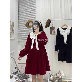 Váy nhung xòe dáng suông babydoll cổ sen nơ bèo ulzzang Hàn Quốc 712