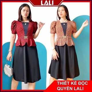 Váy trung niên tay phồng thun nhũ co dãn, Đầm trung niên thanh lịch sang trọng LALI MS21