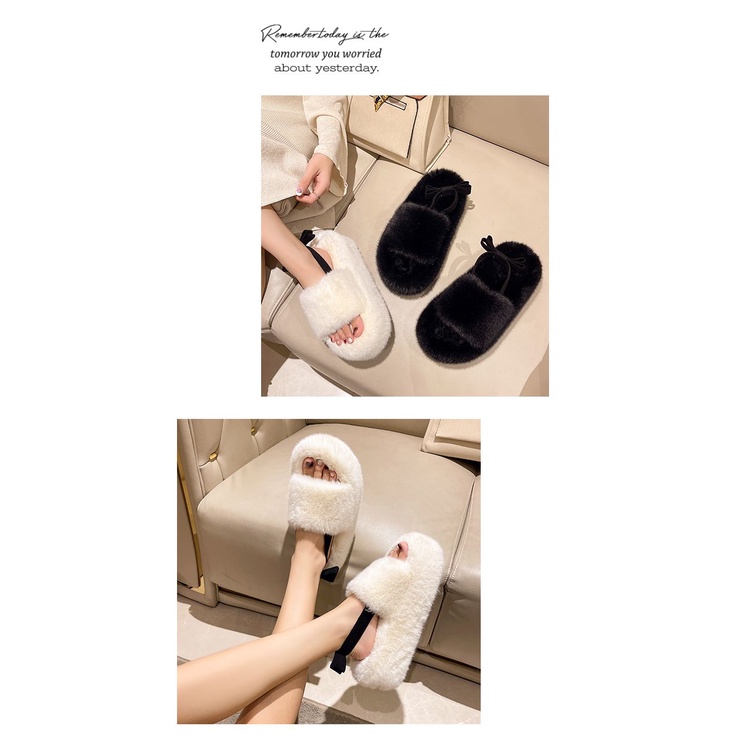 Dép Lông Nhung Đế Dày 7cm Thời Trang Thu Đông Nhẹ Nhàng Phong Cách Mới Cho Nữ