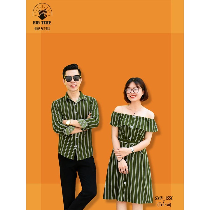 Set sơ mi váy đôi Fig Tree sọc đứng xanh rêu