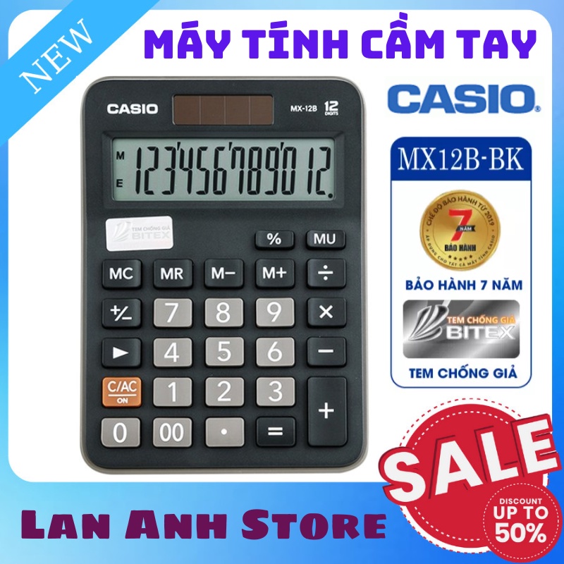 Máy Tính Casio MX 12B Máy Tính Bỏ Túi Chính Hãng Tích Hợp Pin Sạc Năng Lượng Mặt Trời Vỏ Máy Chống Va Đập Độ Bền Cao