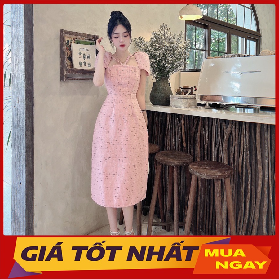 Váy Dạ Tweed Dáng Dài Tay Bồng Hàng Quảng Châu V3008