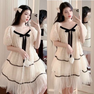 Đầm váy tiểu thư chất ren phối lưới tay phồng nơ ngực siêu đáng yêu