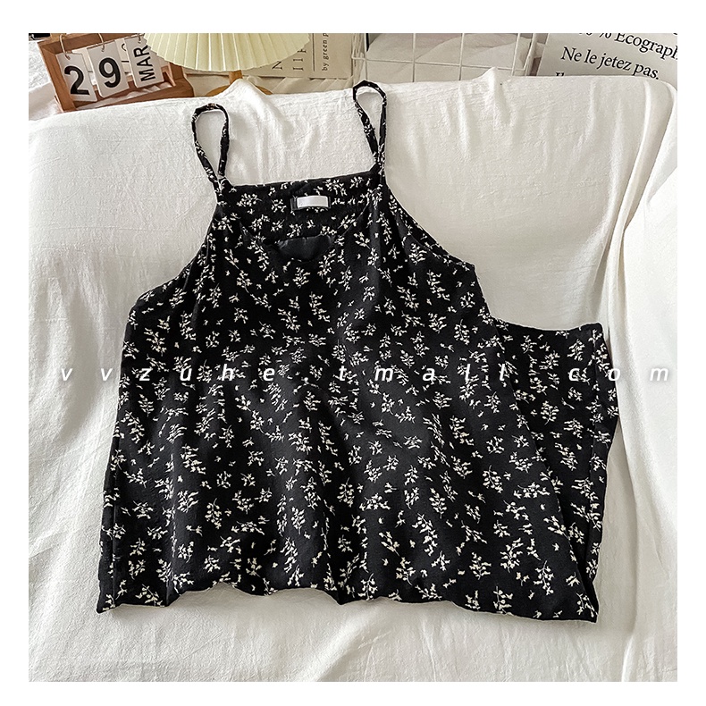 Đầm 2 dây đen hoa nhí trắng DD216