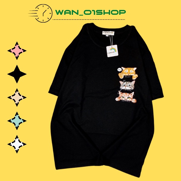 Áo thun tay lỡ 3 Con Mèo Unisex nam nữ form rộng - Phông cổ tròn Oversize màu ĐEN - T shirt ulzzang Basic cotton