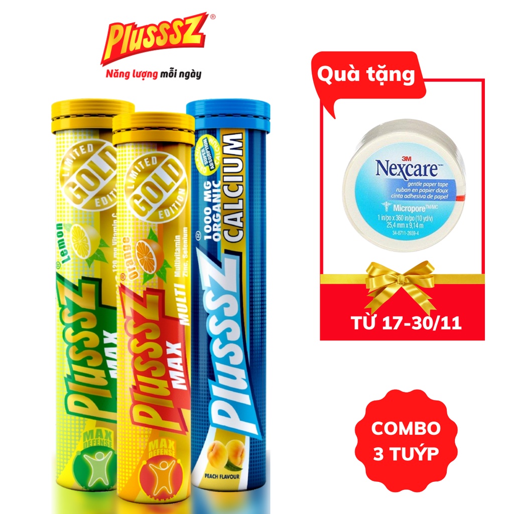 {COMBO 3 TUÝP} Viên sủi bổ sung vitamin C Plusssz Multi vị cam + Plusssz VitaminC & ZinC vị Chanh + Plusssz Calcium