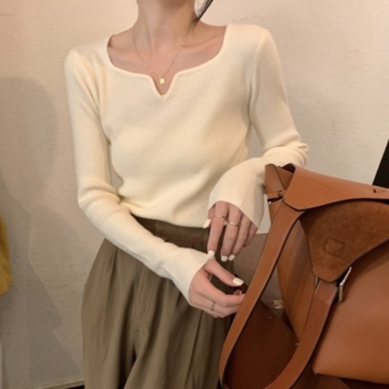 Áo Len Tay Dài Cổ Vuông Phong Cách Hàn Quốc Đơn Giản Dành Cho Nữ