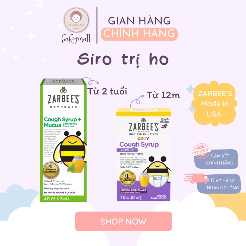 Siro giảm ho đờm, ho khan Zarbees Cough Syrup Mucus hàng Mỹ cho bé từ 12 tháng