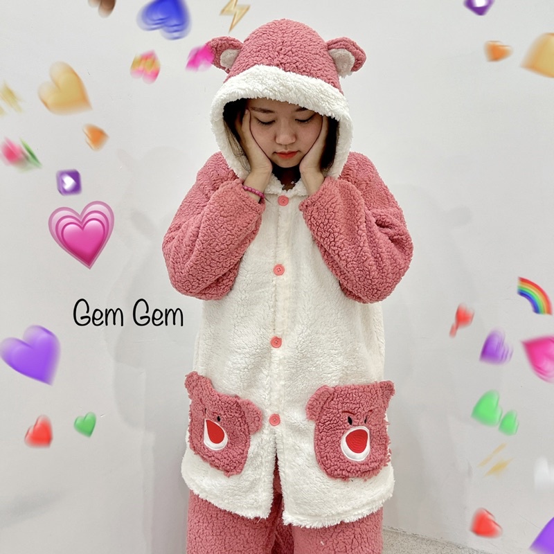 Set bộ nỉ mặc nhà nữ form rộng lông cừu GẤU HỒNG mềm mịn, bộ ngủ nữ ulzzang màu hồng cute phong cách Hàn Quốc