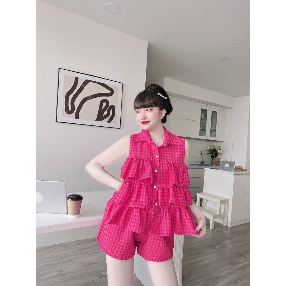 [11.11 Sale Freeship] Set bộ tiểu thư nữ,set đũi xốp áo cổ bẻ tầng mix quần sooc đùi kẻ caro đi chơi dạo phố dễ thương