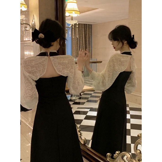 Đầm Dài Cổ Vuông Phối Ren Họa Tiết Bướm Phong Cách Pháp Thanh Lịch Thời Trang Mùa Thu Cho Nữ