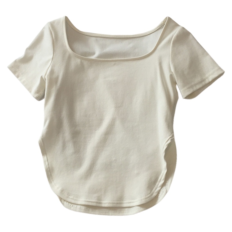 Áo Croptop Cổ Vuông Tay Ngắn Màu Trơn Xẻ Tà Viền Cong Thời Trang Mùa Hè Cho Nữ