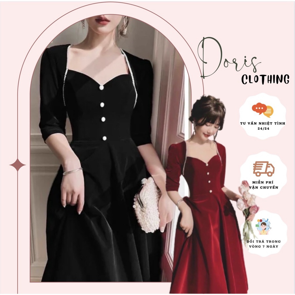 đầm nhung đỏ tiểu thư dáng dài dự tiệc mặc đi chơi tết siêu xinh-hàng cao cấp-váy đỏ mặc đi chơi noel đẹp