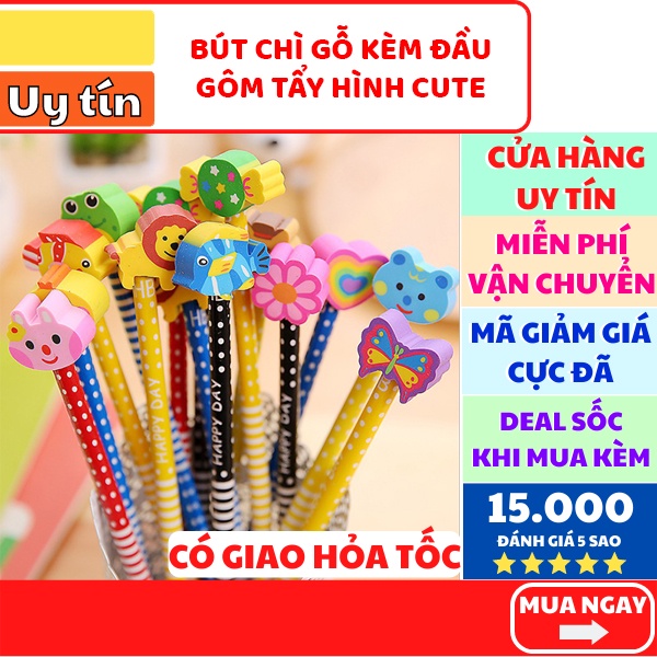 Bút chì gỗ kèm gôm- FREESHIP, Bút chì gỗ học sinh đầu tẩy hình thú đáng yêu , Phát Huy Hoàng