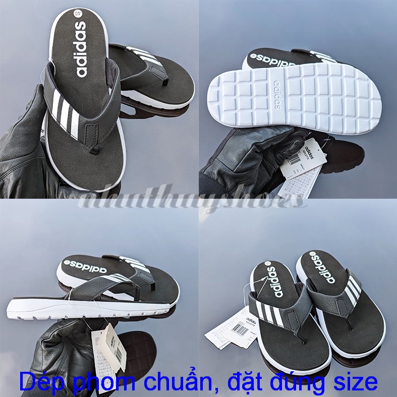 Dép kẹp xỏ ngón Adidas Free ship + hộp hãng + tem tag das ba lá trắng đen loại 1.1 đế êm hot trend nam nữ. nhuthuyshoes