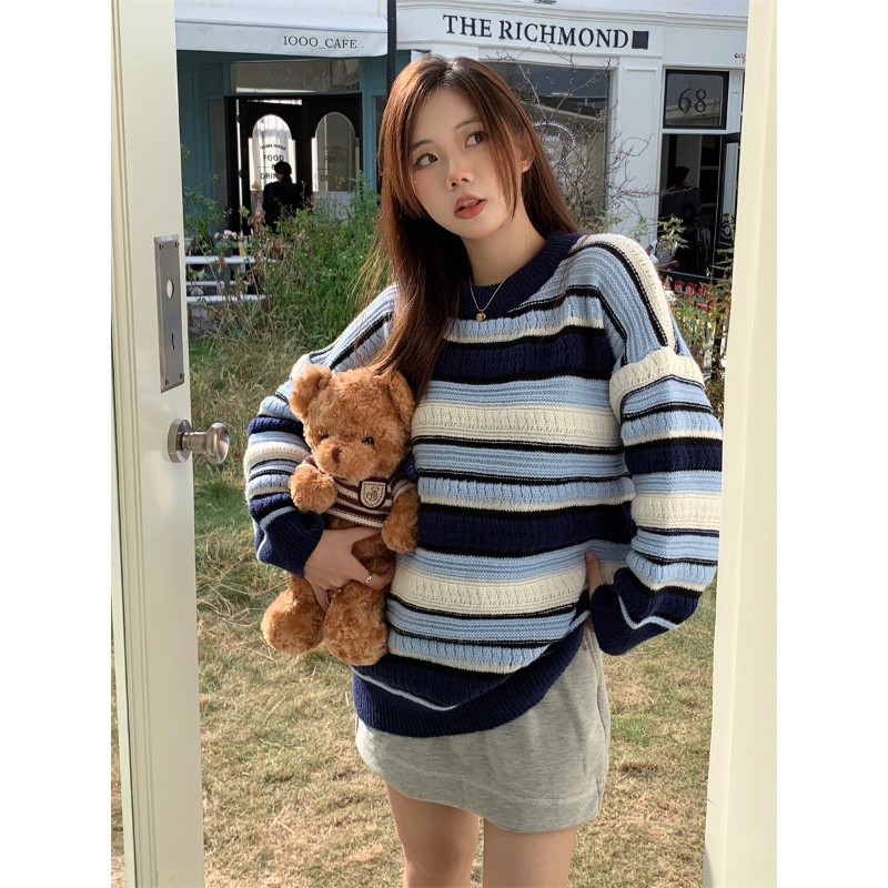 COZOK Áo Len Tay Dài Form Rộng Họa Tiết Sọc Hợp Thời Trang