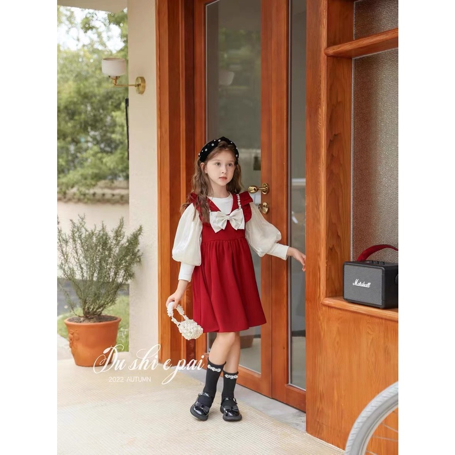 Váy Nhung đỏ cho bé gái, Set váy thu đông cho bé gái diện tết diện noel siêu dễ thương từ 7 - 20kg