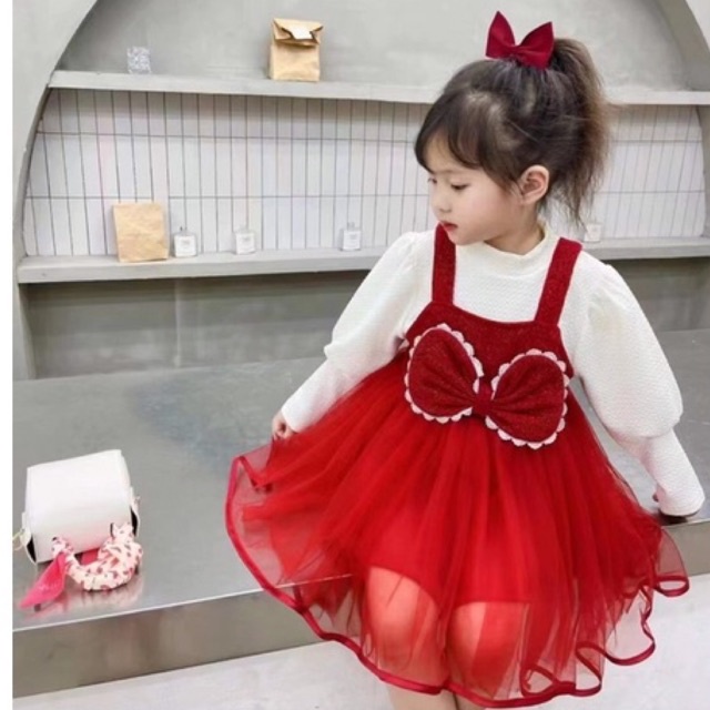 set váy nhung nơ hàng Quảng Châu cao cấp cho bé gái