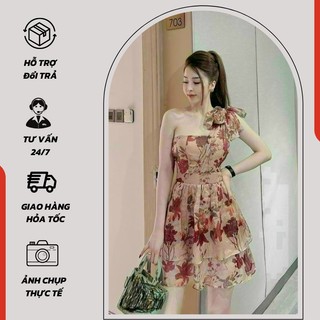 Đầm nữ thiết kế 1 vai kết nơ in hoa dáng xòe trẻ trung thanh lịch - 1052