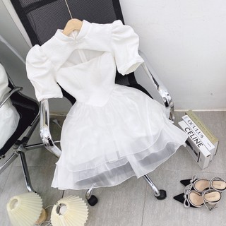Đầm trắng gấm hoa nổi khoét ngực tay bồng Rossy Fashion - SR175
