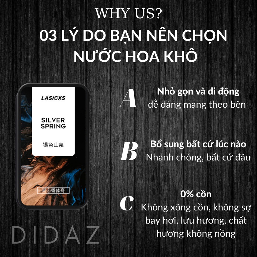 Nước hoa khô nam nữ sáp LASICXS dịu nhẹ, lưu hương, thu hút NH03