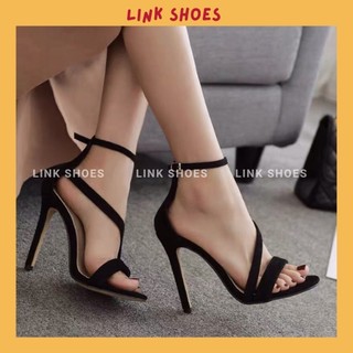 Giày sandal cao gót kiểu dáng quai chéo mũi tròn chất liệu da lộn 2 màu linkshoesTT36
