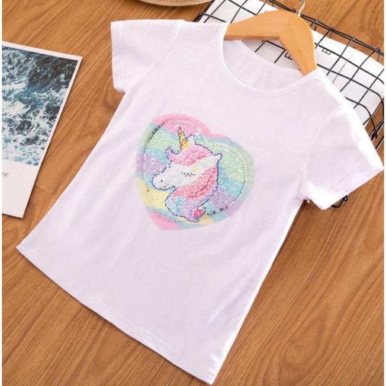 Áo thun trẻ em ngựa Pony kim sa vuốt đổi hình cho bé gái