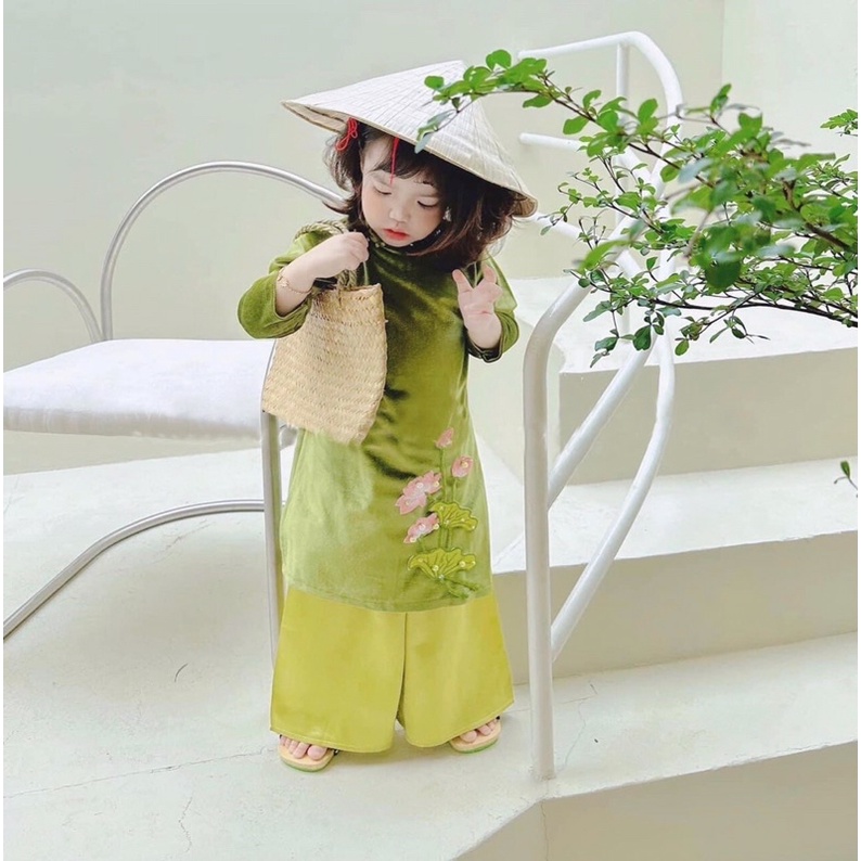 Áo dài cách tân diện tết dành cho bé gái đinh ngọc kèm bơm ngọc_Quần áo trẻ em dài tay thu đông