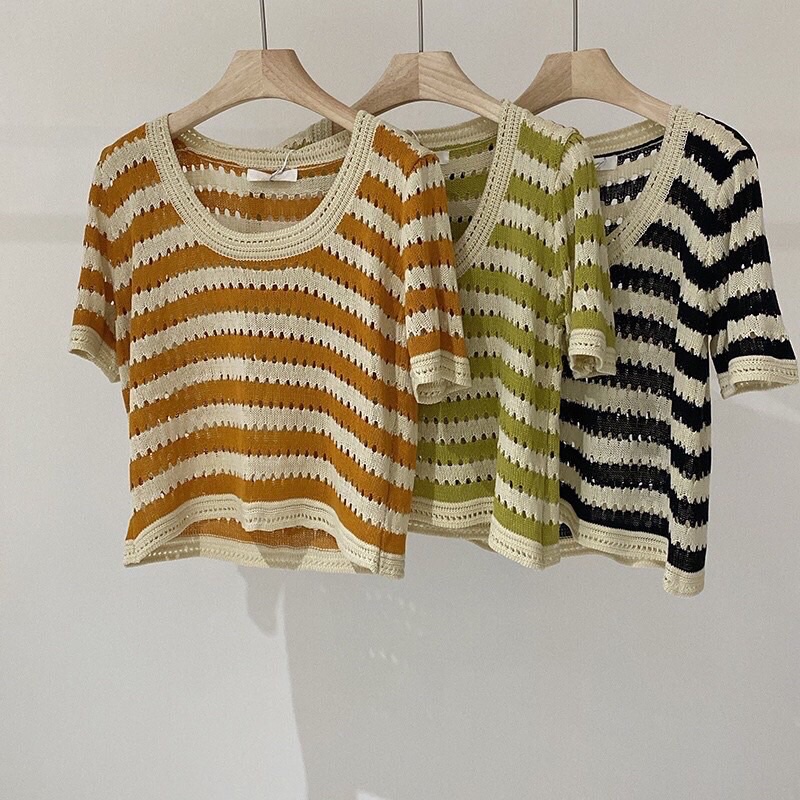 Áo len nữ dệt thủng, áo dệt kim dáng rộng kẻ sọc đen be thời trang hàn quốc cho nữ ..