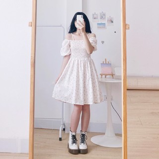 Đầm Váy Trắng Trễ Vai 2 Dây Chun Eo Body Dáng Ngắn du lịch biển thu đông xuân hè dự tiệc lễ tết vintage Hiva Cloth