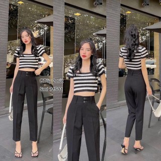 Quần tây dài nữ vải cotton 2 nút lưng cao màu đen có size đại