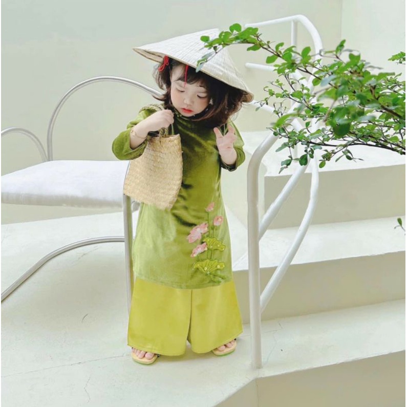 Set váy nhung cách tân 3 chi tiết , Áo dài cách tân thêu hoa sen chất nhung cao cấp kèm bờm ngọc cho bé M189