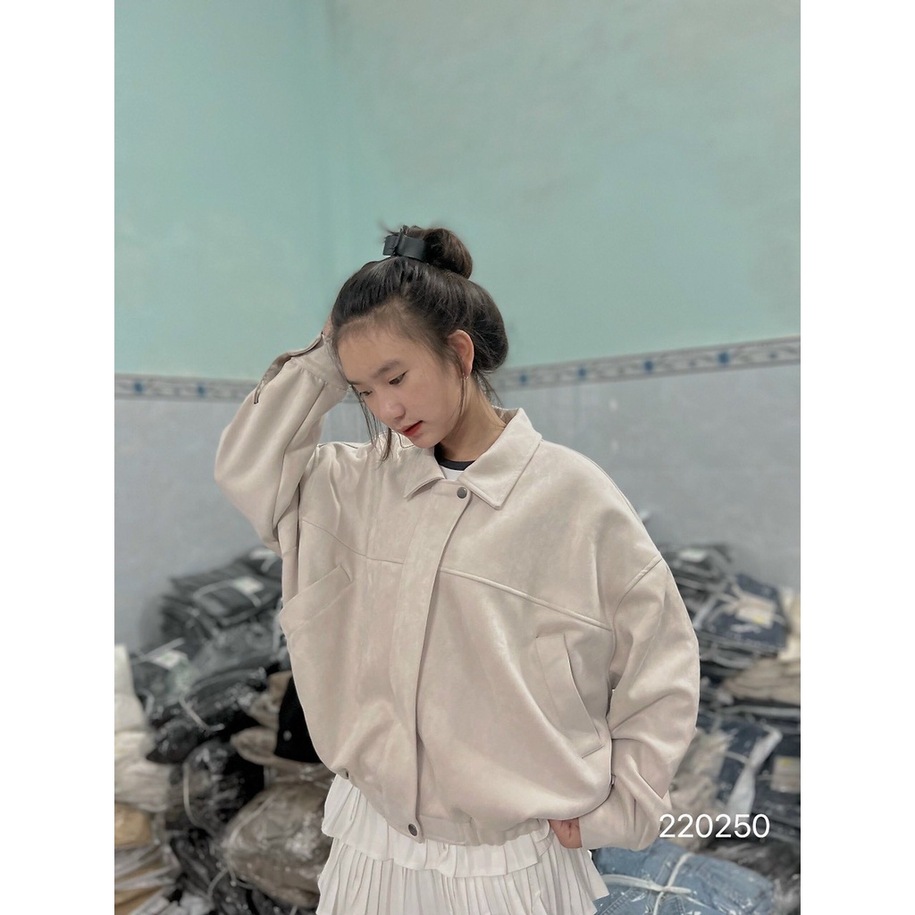 Áo Khoác Nữ Chất DA Lộn Trơn BASIC Bo Eo Cổ Sơ Mi Form Hàn Quốc Kiểu Croptop Lửng