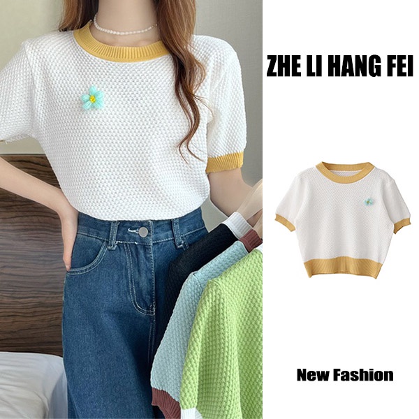 Áo thun dệt kim ZHELIHANGFEI tay ngắn thêu hoa xinh xắn thời trang