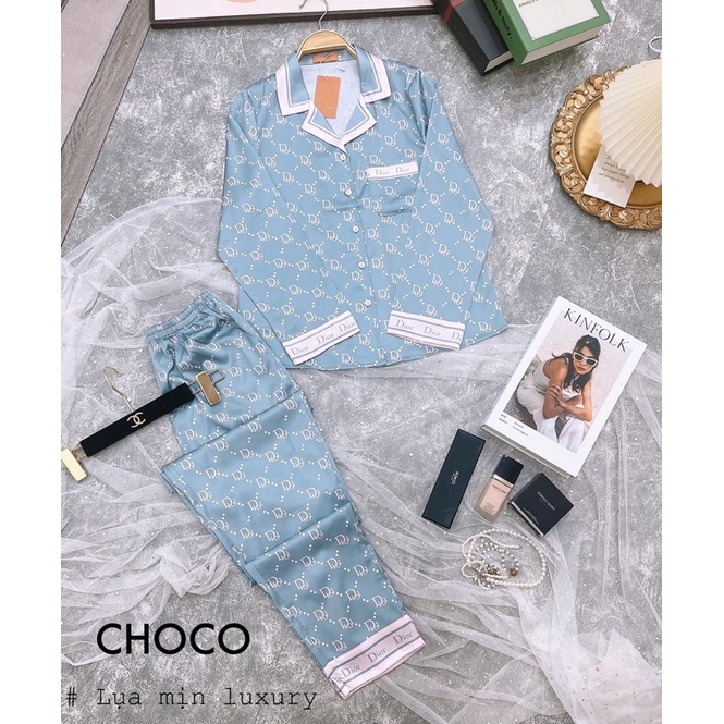 Bộ lụa gucci hãng choco áo dài tay quần dài bộ pijama cao cấp mặc nhà đẹp