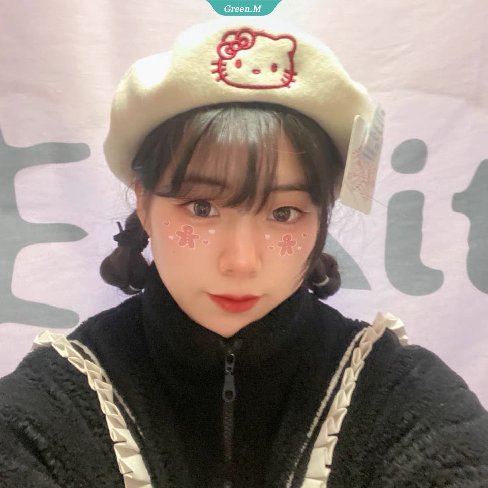 SANRIO Mũ Beret Dệt Kim Phối Lông Hình Hello Kitty Đáng Yêu Thời Trang Thu Đông Cho Nữ