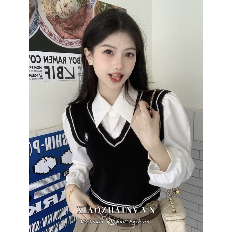 Áo len gile mix sơ mi trắng dệt kim tay dài màu đen trắng be cổ sơ mi thêu logo phong cách nữ sinh Hàn Quốc