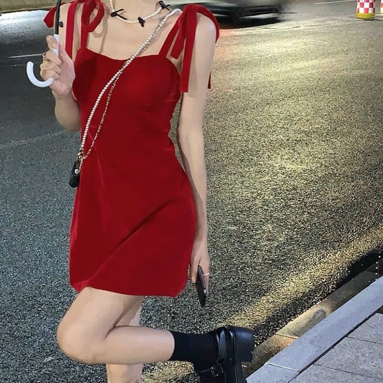 Đầm váy ôm body mini đỏ nhung 2 dây 2s xoè midi cao cấp dạ hội dự tiệc đám cưới đi biển bigsize