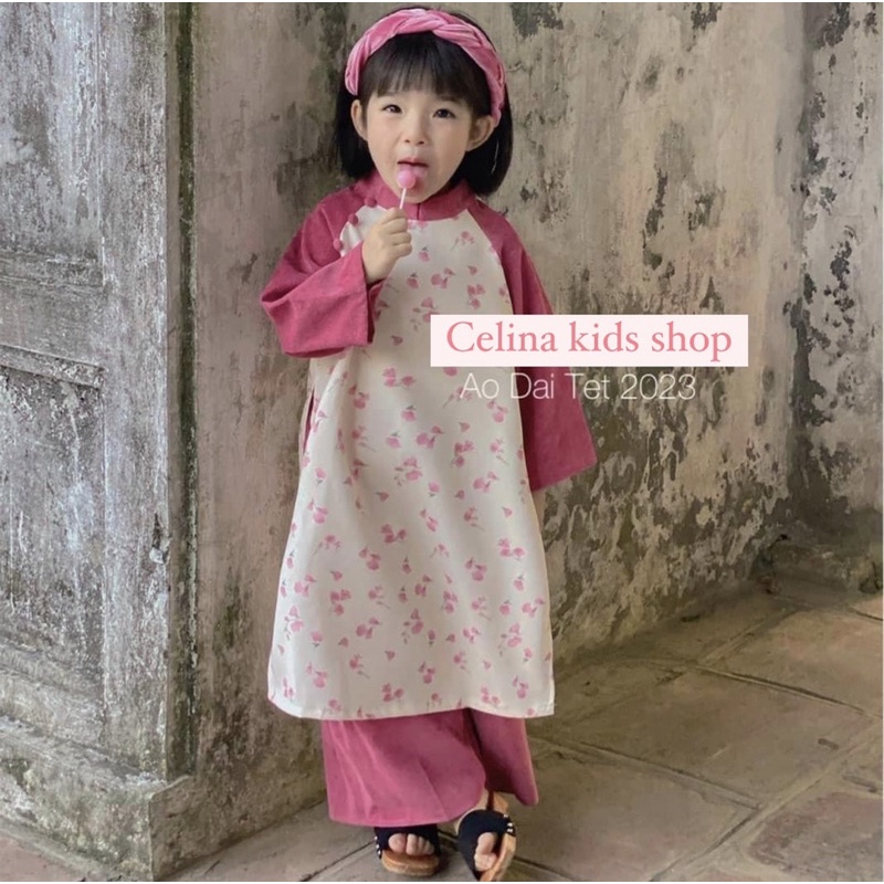 Áo Dài Bé Gái CELINA D05 Áo Dài Cách Tân Cho Bé Gái Thiết Kế Cổ Tàu Chất Liệu Nhung Tăm Cao Cấp Hoạ Tiết Hoa Xinh Xắn