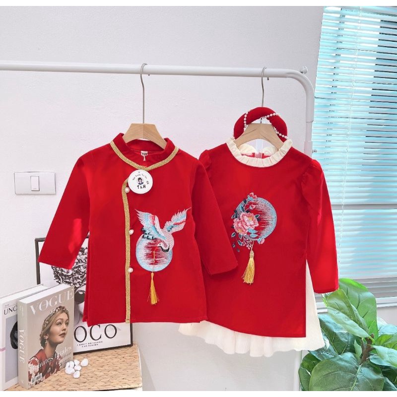 Áo dài cặp cách tân nhung đỏ bé trai bé gái chất đẹp