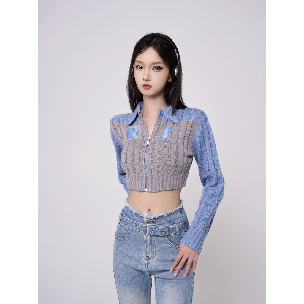 Áo khoác ZHELIHANGFEI tay dài cổ POLO có khóa kéo thời trang phong cách cho nữ