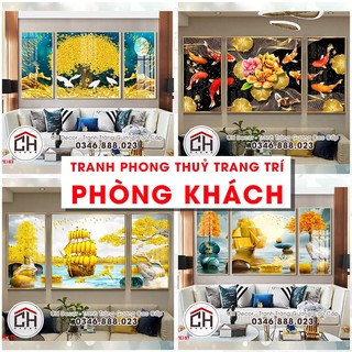 Tranh Phòng khách Tranh tráng gương, phong thuỷ tiền vàng, cửu ngư, thuyền buồm
