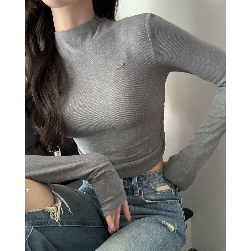 COZOK Áo thun COZOK tay dài cổ cao dáng ôm xếp ly phong cách cá tính cho nữ